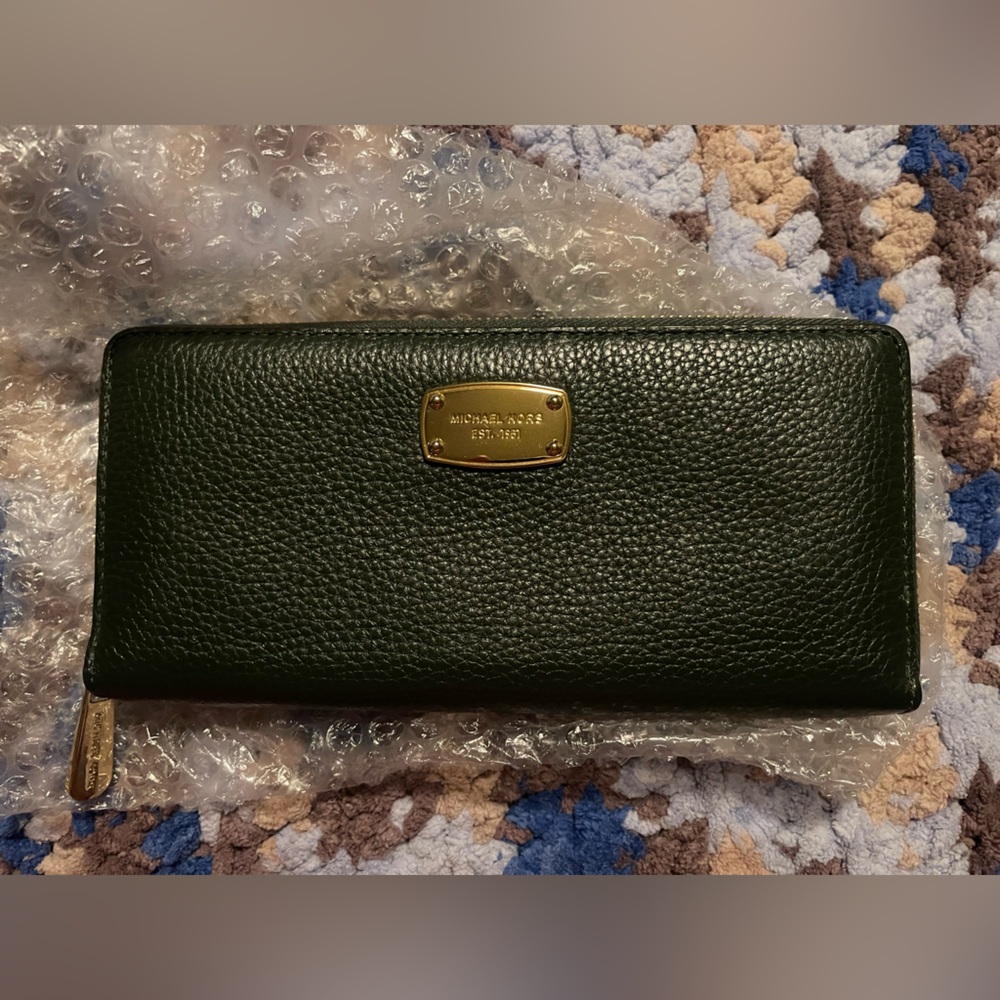 Michael Kors Forest Green Pebbled Leather Zip-Around Wallet with Gold Hardware